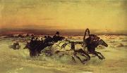 Oil undated a Wintertroika in the gallop in sunset